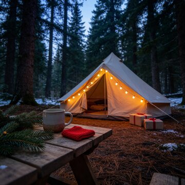Cozy warm cup on wooden table near illuminated tent in pine forest ideal for winter camping holiday banner