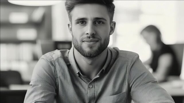 A young man with short hair and a beard wearing a patterned shirt, sitting at a table in an office setting.