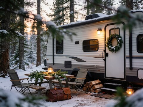 Camper trailer parked in snowy pine forest with illuminated lantern and christmas wreath ideal for winter rv travel marketing seasonal banner and social media template