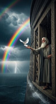 Noah on the ark receives a white dove as a rainbow of promise breaks through the storm clouds.
