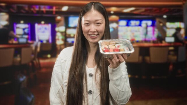 Woman holding a sushi tray with extended hand and smile presenting takeout inside a casino building; hospitality offering.