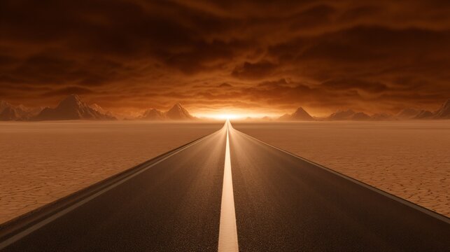Global warming transportation impact, highway under shimmering heat, long perspective, realistic atmospheric distortion, environmental stock photo