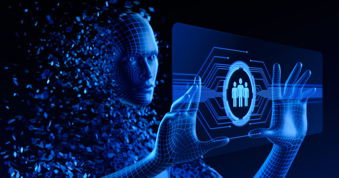 HR Human Resources and Artificial Intelligence. Human Digital Avatar or AI agent touch screen