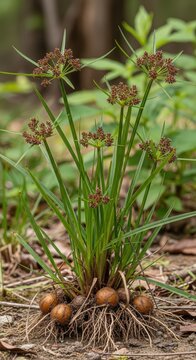 Close-up view of a nutsedges plant with green leaves, brown flower clusters, and visible root tubers in natural soil.
