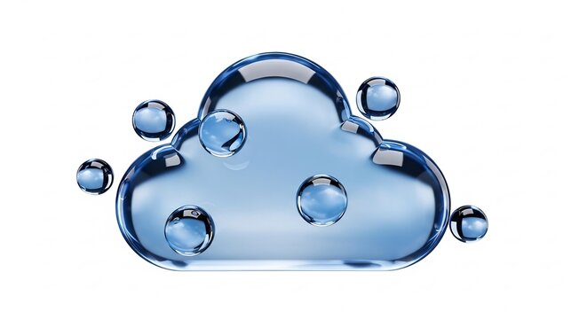 Cloud Data Storage: A 3D rendering of a transparent cloud made of water droplets, with more water droplets orbiting around it, symbolizing cloud computing and data storage.