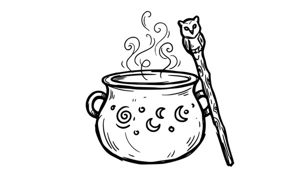 Mystical Shaman Cauldron and Elder Staff Rough Doodle Vector Illustration