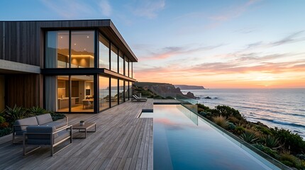 Fototapeta premium Luxury modern villa with infinity pool overlooking the ocean at sunset