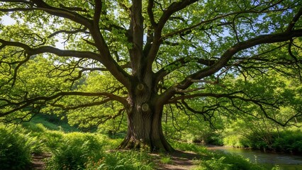 Obraz premium Ancient Oak in Verdant Landscape: A majestic ancient oak tree stands proudly, its vast branches stretching wide amidst a lush, vibrant green landscape, bathed in the gentle light of day.
