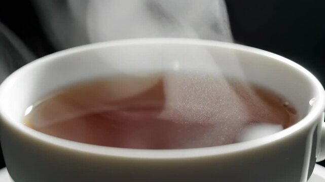 Closeup of steaming hot tea in a white cup, warm beverage, morning ritual, relaxation, comfort, dark background