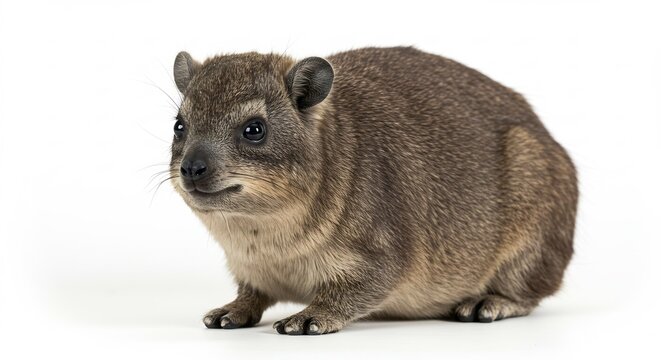 Rock Hyrax on White: A solitary rock hyrax, with its distinctive rodent-like appearance and furry coat, sits alert on a plain white background, showcasing its unique form.