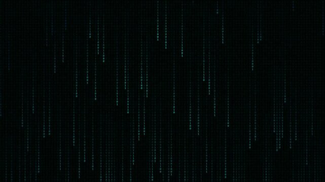 Digital matrix code falling down with binary numbers in dark cyberspace motion graphic.