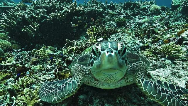 A green sea turtle, Chelonia mydas, looks directly into the camera in close-up, revealing detailed facial scales and expressive eyes on a Raja Ampat reef.