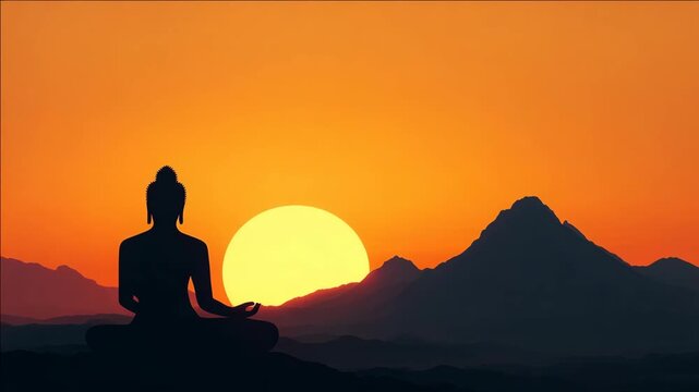 Peaceful scene of a robot meditating under the orange sun.