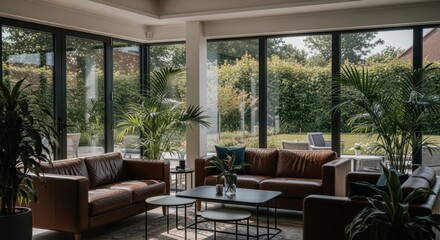 Fototapeta premium Sunlight streaming into a contemporary living room highlights brown leather sofas and indoor plants, offering a serene view of a tranquil green garden through expansive windows