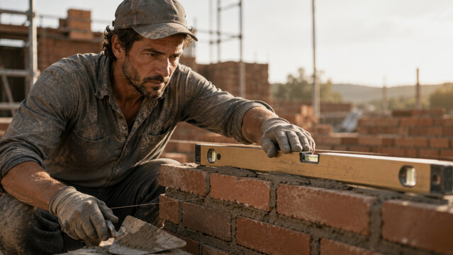 Male construction worker in gray shirt and cap uses a level tool to ensure accuracy while laying bricks at a building site, with scaffolding and a partially constructed wall in the background