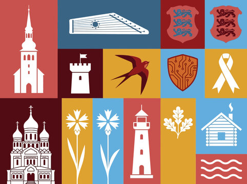 Minimalist grid of Estonian national symbols and landmarks in flat vector style.
