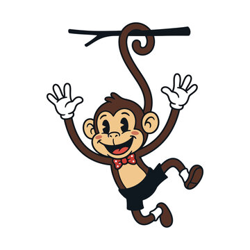 A happy cartoon monkey with a bow tie and shorts, hanging from a branch by its tail.