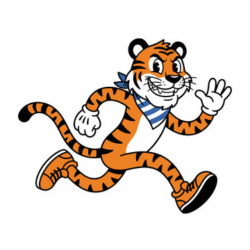 A cartoon tiger mascot, wearing a blue and white striped bandana and orange sneakers, running with a cheerful expression.