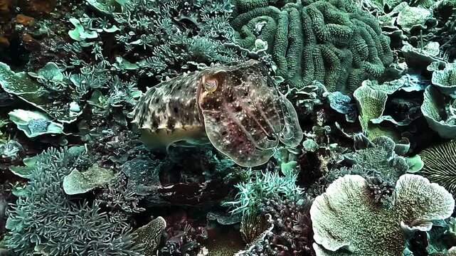 A broadclub cuttlefish, Sepia latimanus, repeatedly changes color and skin texture as the camera approaches above a coral reef in Raja Ampat.