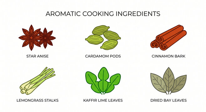 Aromatic Cooking Ingredients and Whole Spices Flat Vector Icon Set

Keywords (48 kata kunci):
aromatic spices, star anise, cardamom pods, cinnamon bark, lemongrass, kaffir lime leaves, bay leaves, who