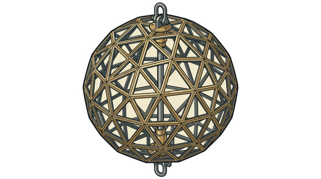 A spherical geometric cage structure with a metal frame and central axis isolated on white background.