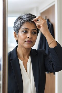 Professional indian gen x woman styling her salt and pepper pixie cut with hair wax looking in the mirror
