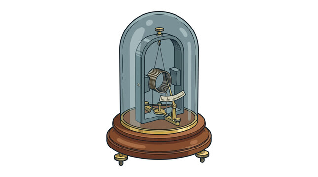 Vintage scientific instrument with a galvanometer mechanism protected under a glass bell jar dome.