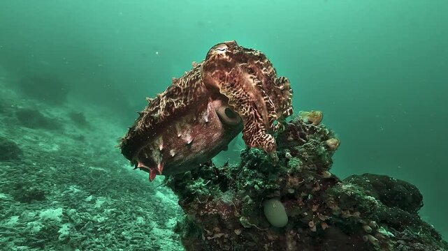 Broadclub cuttlefish - Sepia latimanus - hovers just above the seabed, showing mottled skin patterns and natural camouflage in shallow tropical water.