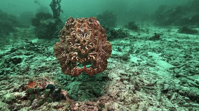 Close frontal view of a broadclub cuttlefish, Sepia latimanus, showing its curled arms around the mouth while hovering above the reef in Raja Ampat.