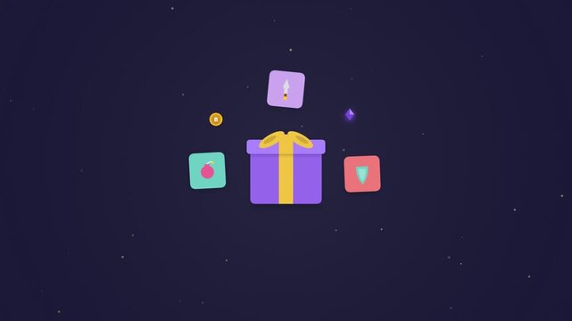 Gift box with floating game items and rewards in a flat vector animation