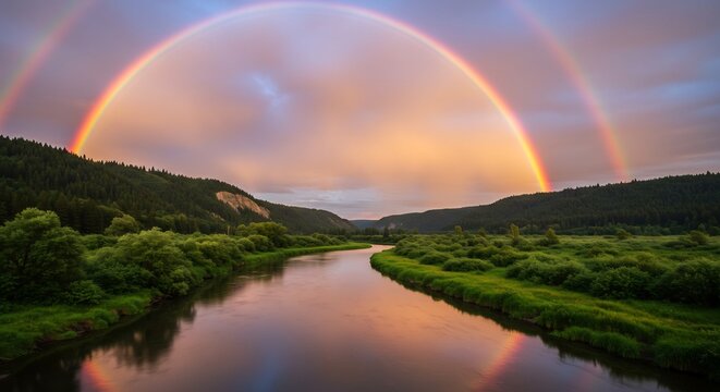 Double Rainbow Over Serene River: A breathtaking double rainbow arches across a sky painted with sunset hues.