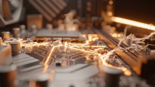 Close up macro view of glowing orange circuit board pathways and electronic components, highlighting technology and data flow