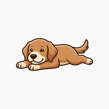 Cute cartoon brown puppy dog lying flat on its belly in a playful pose. Vector illustration of a golden retriever puppy with floppy ears and a happy expression on a white background.