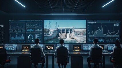 Fototapeta premium Modern control room monitoring hydroelectric dam with data visualization screens.