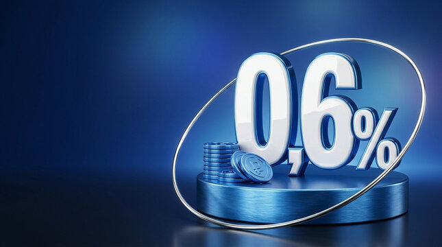 Three-dimensional render of zero point six percent digits on a metallic blue podium featuring stacks of Russian ruble coins and a chrome ring against a dark blue background.