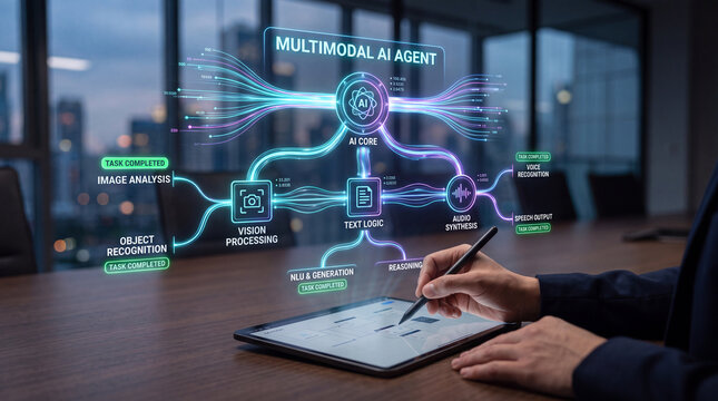 Professional using a stylus on a tablet with a futuristic holographic multimodal AI agent, vision processing, text logic, and audio synthesis interface in an office