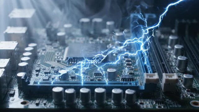 electric discharge arcs across computer motherboard circuit board with glowing blue energy, data transfer concept, technology and innovation