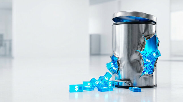 A brushed metal trash can with jagged tears in its side, with glowing blue translucent glass blocks featuring white dollar symbols spilling out onto a bright white floor in a minimalist studio.