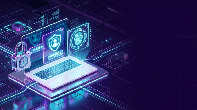 Cyber security illustration of a laptop with glowing interface elements including a biometric fingerprint scanner, a padlock, shield icon, and encrypted password field on dark background.