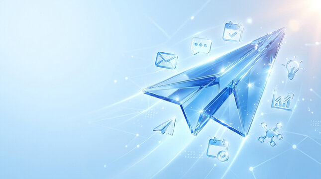 3D rendering of a translucent blue crystalline paper plane flying through a digital background, surrounded by floating glass icons for email, messaging, scheduling, and business data.