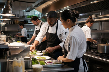 Fototapeta premium Professional kitchen team prepares plated dishes together in a busy restaurant kitchen with chefs coordinating food service.