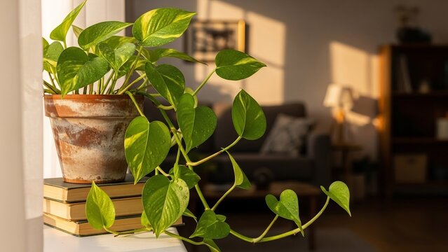 Golden Pothos Plant in Sunlight: A vibrant Pothos plant, with its cascading green leaves and golden variegation, sits in a rustic terracotta pot on a stack of old books, bathed in the warm.
