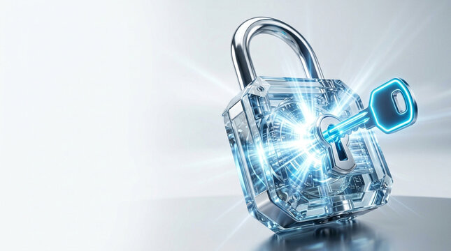 3D render of a transparent digital padlock with a glowing blue electronic key inserted into the cylinder, showing internal circuit board details on a clean white studio background
