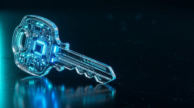 Transparent glass key with integrated microchip and glowing blue electronic circuit traces on a dark background, representing cybersecurity, encryption, and digital access control.
