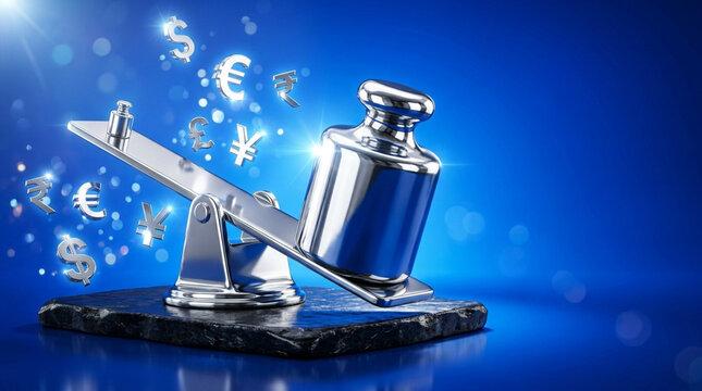 Chrome seesaw scale on slate base with a heavy metallic weight tipping against floating global currency symbols including Dollar, Euro, and Yen over a blue bokeh background.