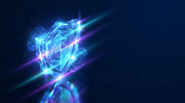 Digital blue glowing shield representing cybersecurity and data protection on a dark blue circuit board background with light streaks, lens flares, and futuristic HUD interface elements.