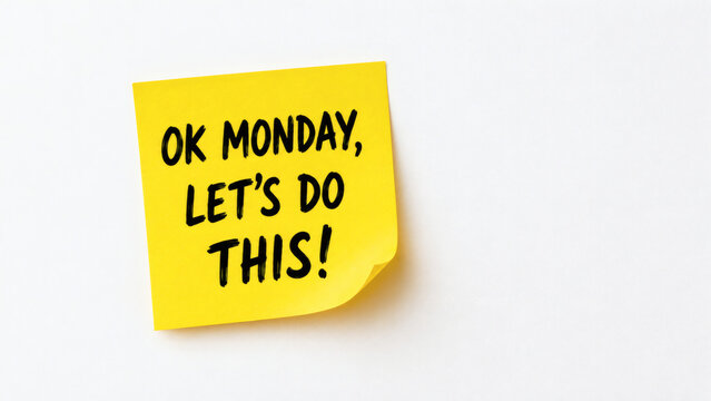 Monday Motivation Reminder: A bright yellow sticky note with bold black lettering exclaims OK MONDAY, LET'S DO THIS!, serving as an energizing reminder to tackle the week ahead with enthusiasm.