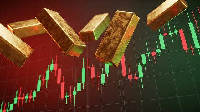 Floating textured gold bullion bars over a digital financial candlestick chart display with red and green price indicators, representing commodity market trading and investment.