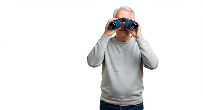 Senior Man with Binoculars: An elderly gentleman peers through binoculars, his gaze focused on a distant point, symbolizing exploration and looking to the future.