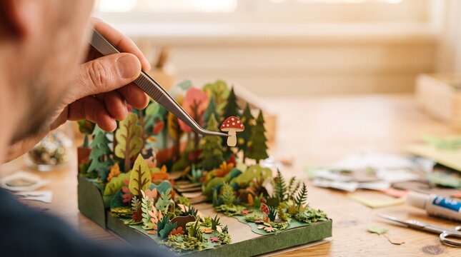 Close-up of artist hands using precision tweezers to assemble an intricate papercraft miniature forest diorama with warm lighting.